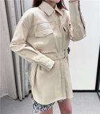 Women's Faux Leather Jacket Lapel Single-breasted Long Sleeve Slim Fit