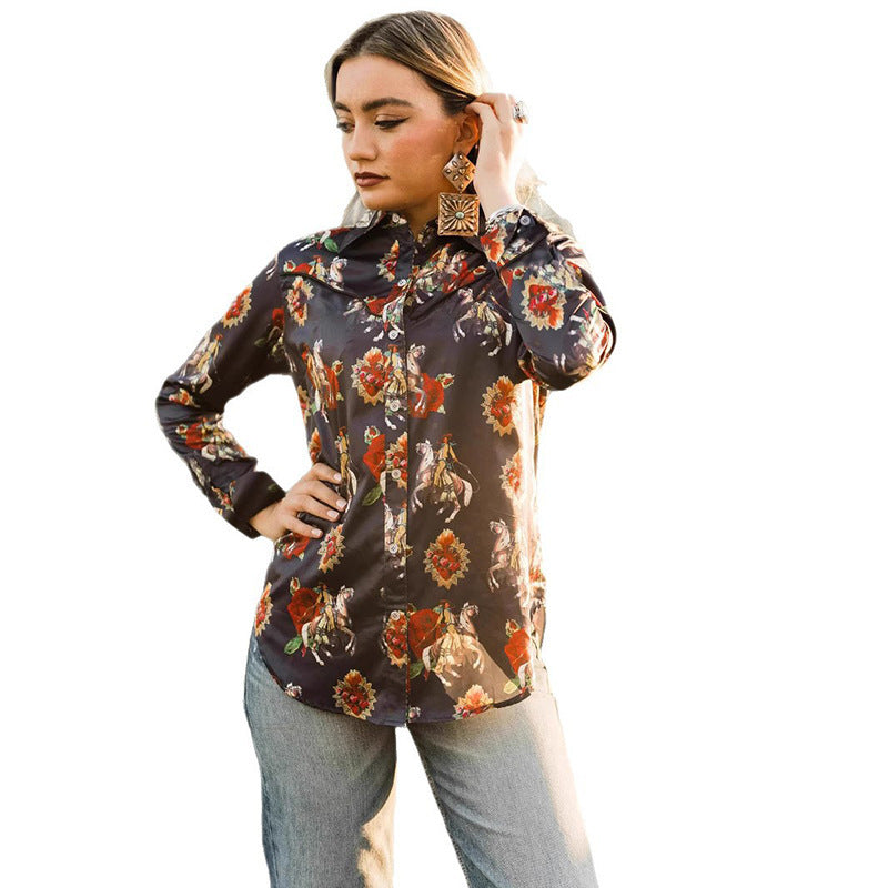 Denim Ethnic Street Printing Slim Fit Women's Shirt