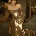 Women's Gold Off shoulder Bridal Fishtail Dress