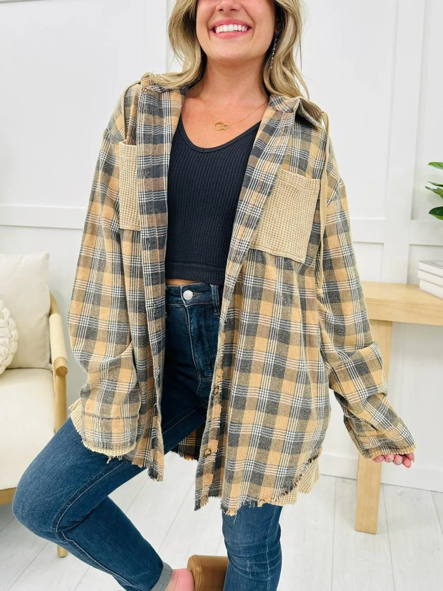 Casual Fashion Waffle Stitching Plaid Hooded Shirt