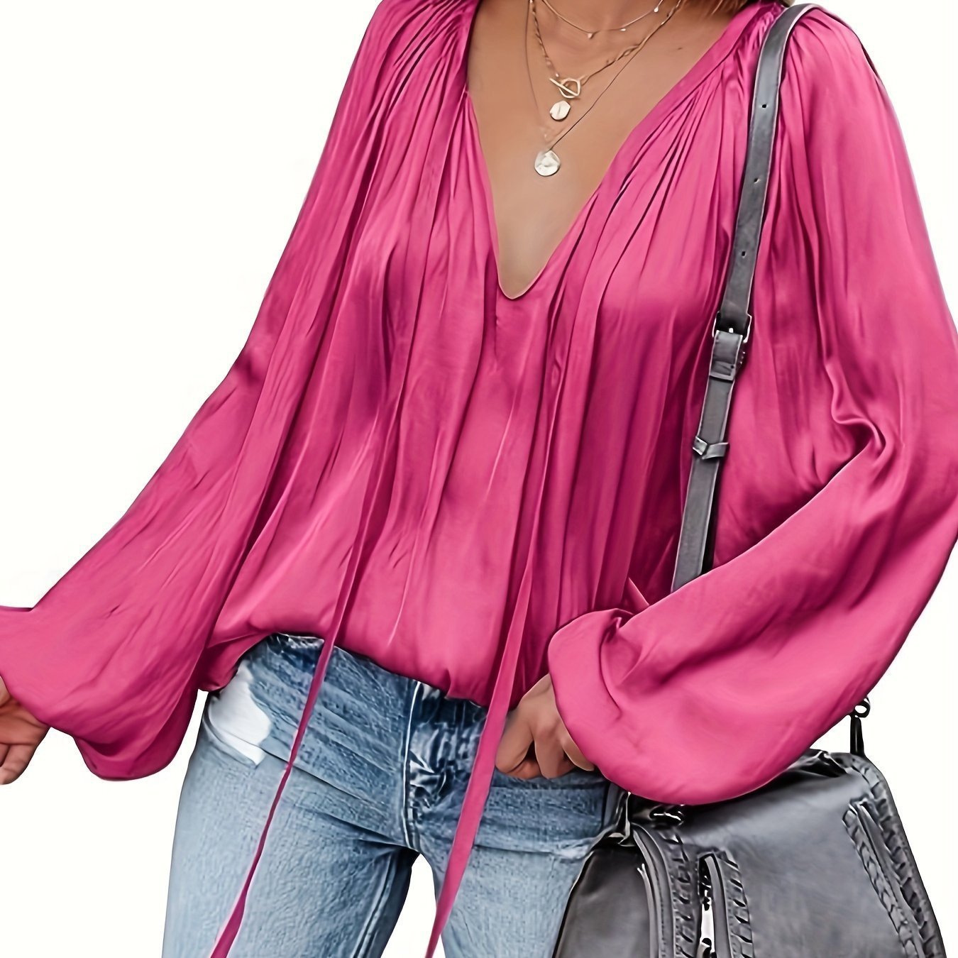 Women's Satin V-neck Long Sleeve Shirt Casual