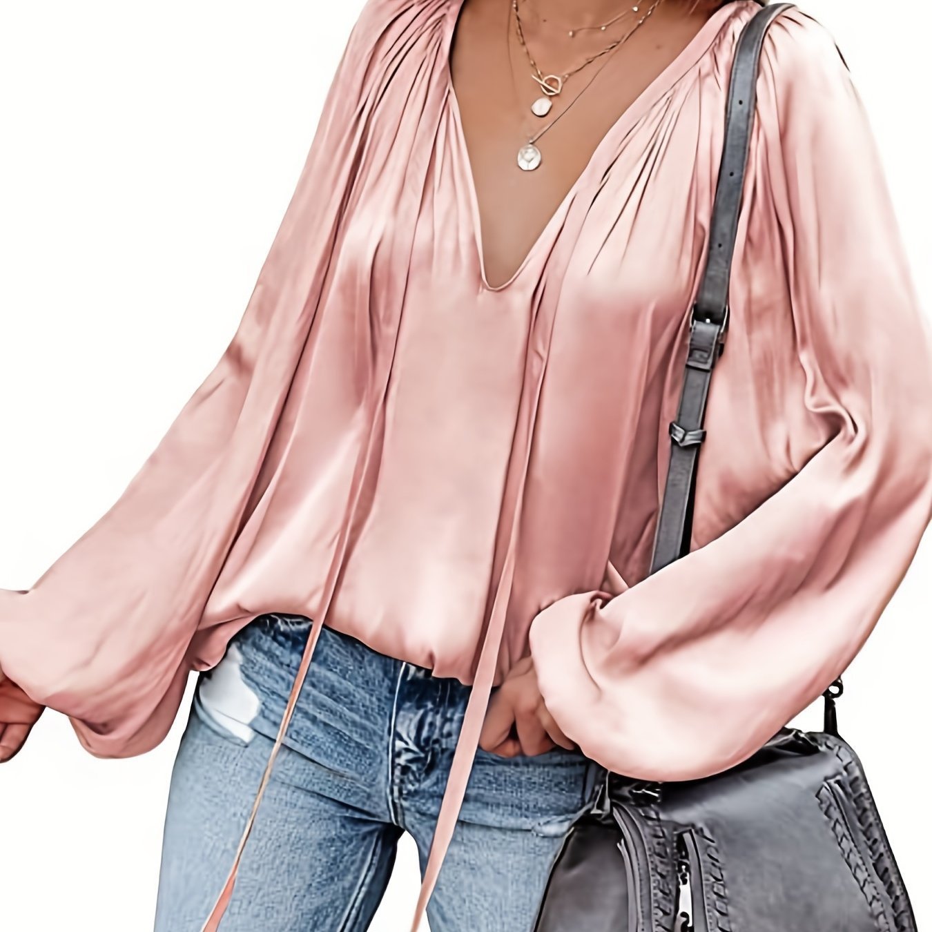 Women's Satin V-neck Long Sleeve Shirt Casual