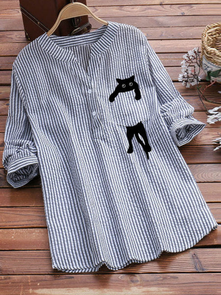 Women's Striped Cotton And Linen Pocket Printed Casual V-neck Long Sleeve Shirt
